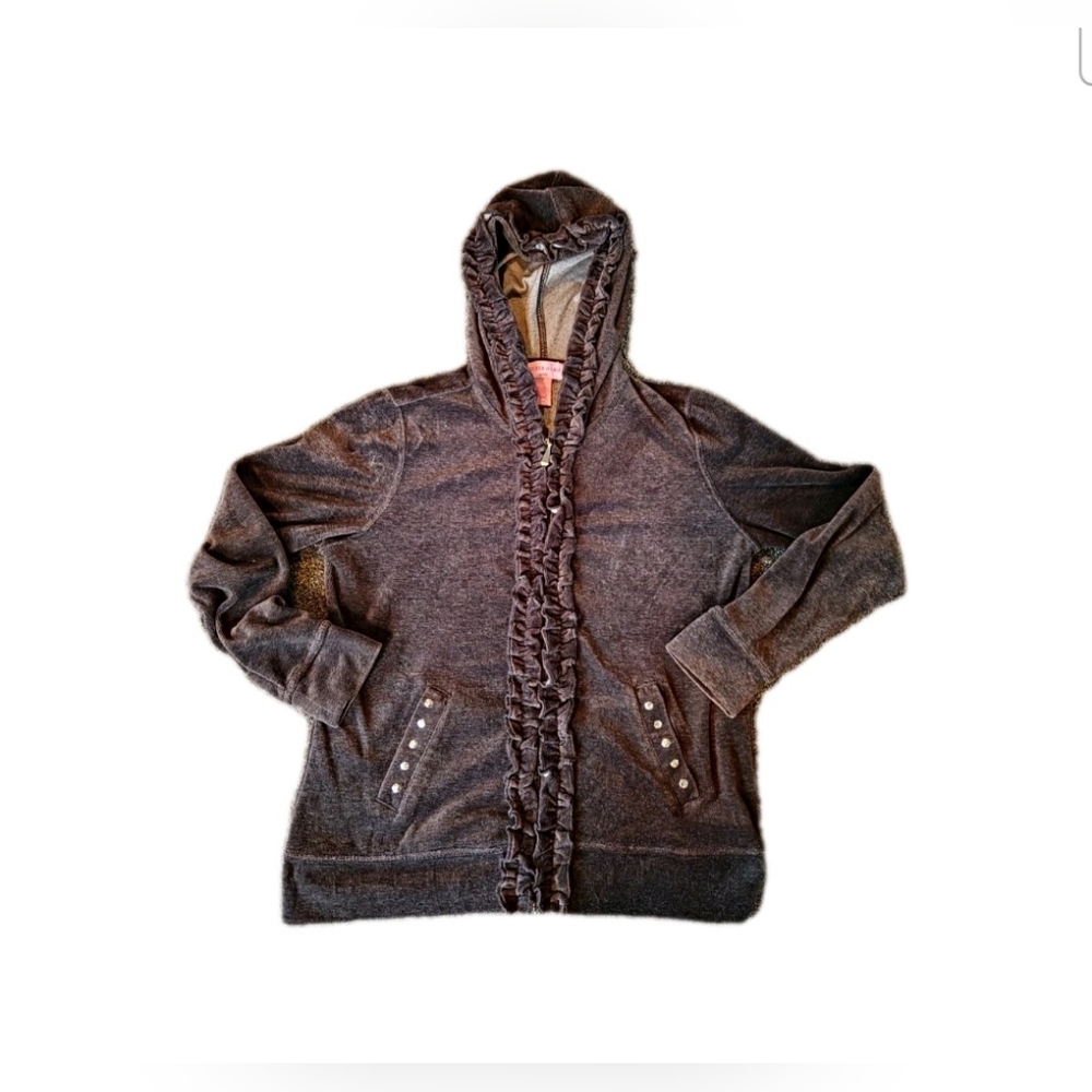 Y2K Velvet Women's Small‎ Petite Full Zip Hooded Sweatshirt Ruffle 2000s Punk